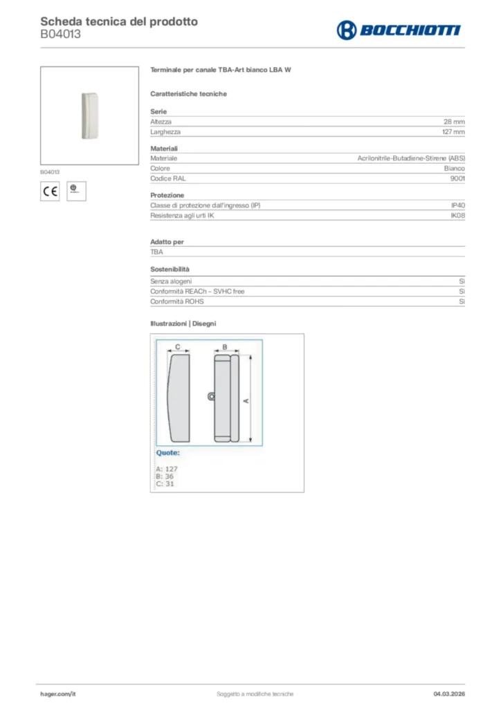 Immagine Bocchiotti Scheda tecnica del prodotto B04013 | Hager Italia