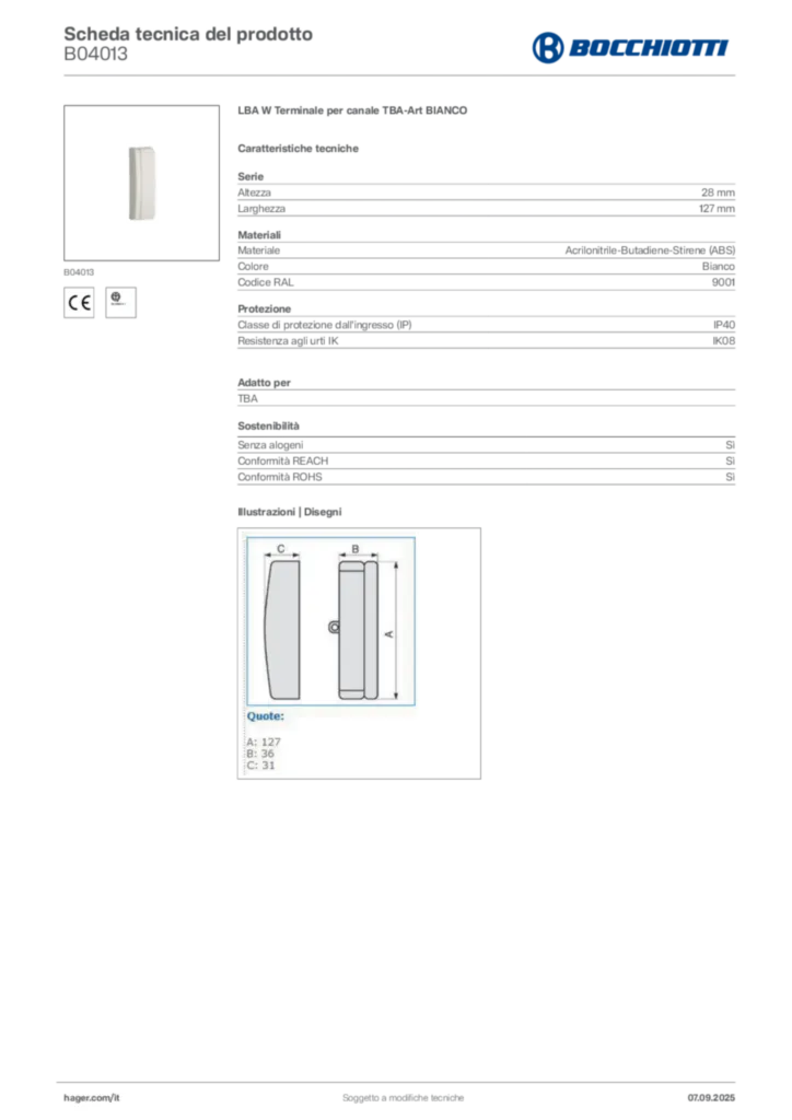 Immagine Bocchiotti Scheda tecnica del prodotto B04013 | Hager Italia