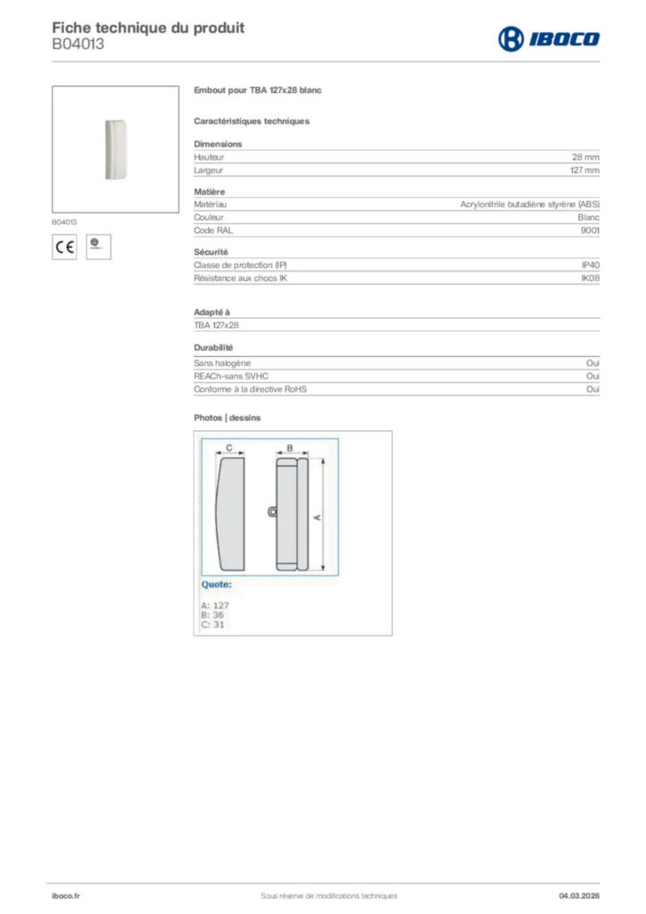 Image Iboco Fiche technique du produit B04013 | Hager France
