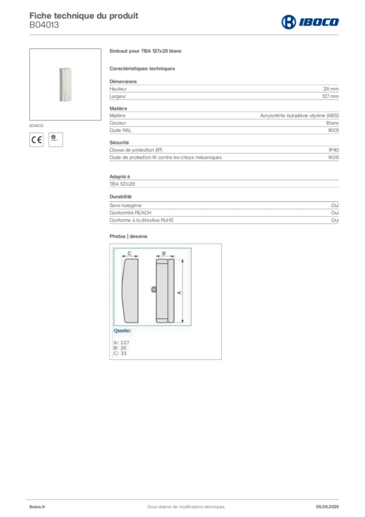 Image Iboco Fiche technique du produit B04013 | Hager France