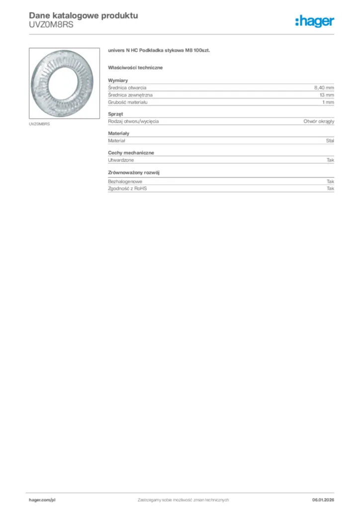 Zdjęcie Hager Karta katalogowa UVZ0M8RS | Hager Polska