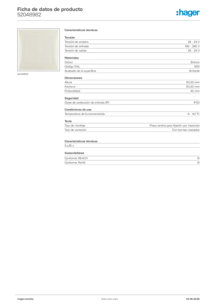 Imagen Hager Ficha de datos de producto 52048982 | Hager España