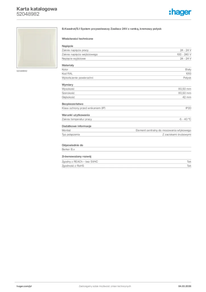 Zdjęcie Hager Karta katalogowa 52048982 | Hager Polska