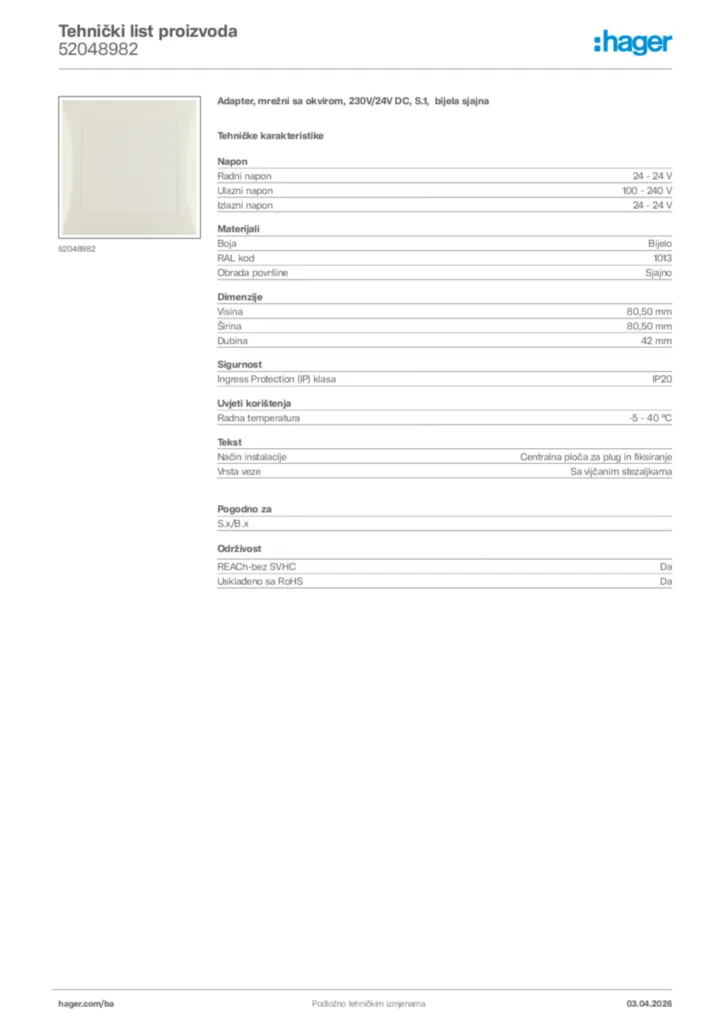 Slika Hager Tehnički list proizvoda 52048982  | Hager