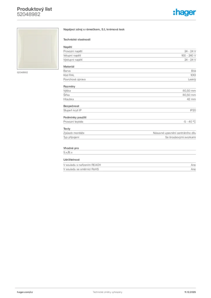 Obrázek Hager Produktový list 52048982 | Hager