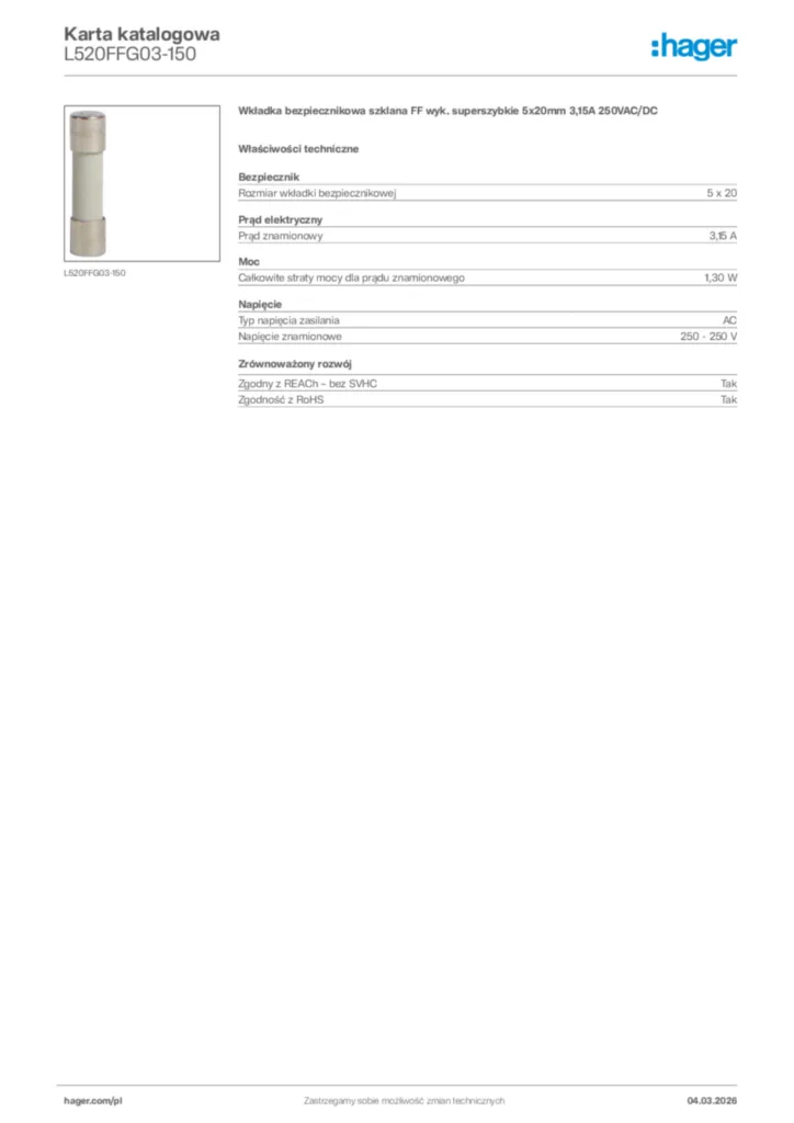 Zdjęcie Hager Karta katalogowa L520FFG03-150 | Hager Polska
