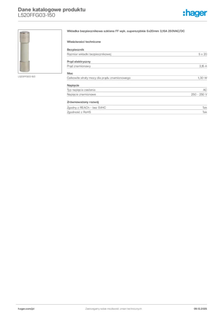 Zdjęcie Hager Dane katalogowe produktu L520FFG03-150 | Hager Polska