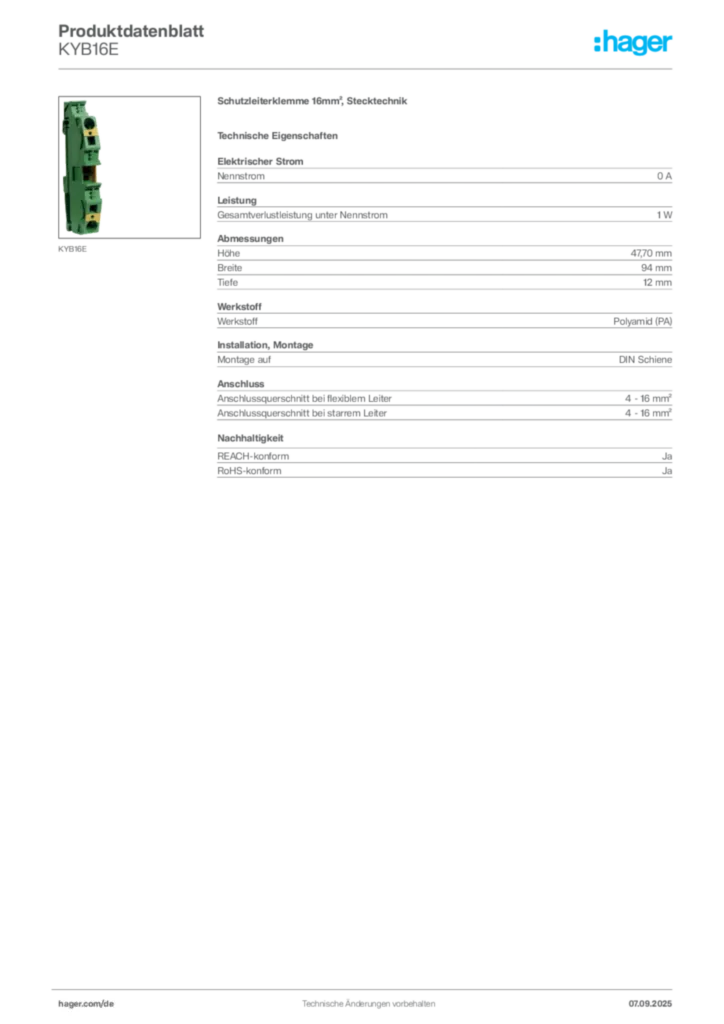 Bild Hager Produktdatenblatt KYB16E | Hager Deutschland