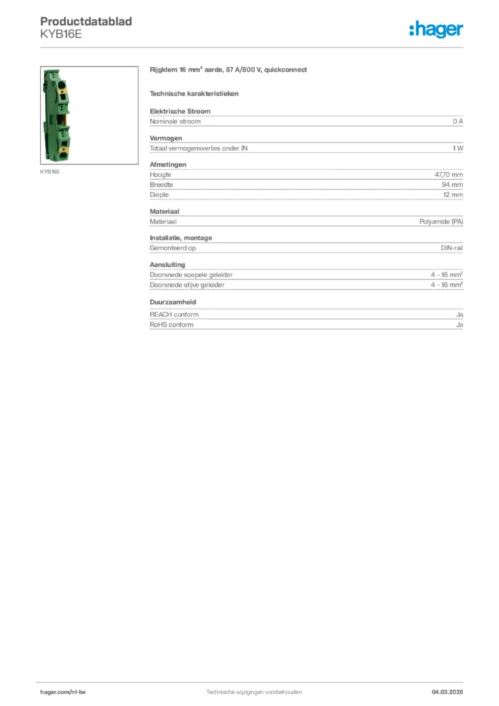 Afbeelding Hager Productdatablad KYB16E | Hager Belgium