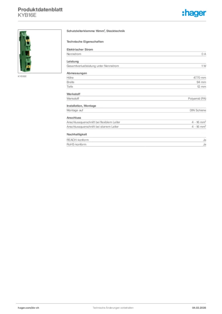Bild Hager Produktdatenblatt KYB16E | Hager Schweiz