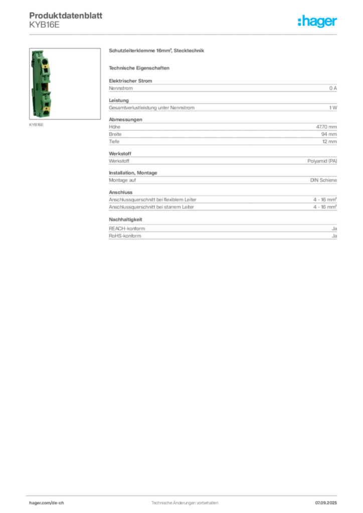 Bild Hager Produktdatenblatt KYB16E | Hager Schweiz