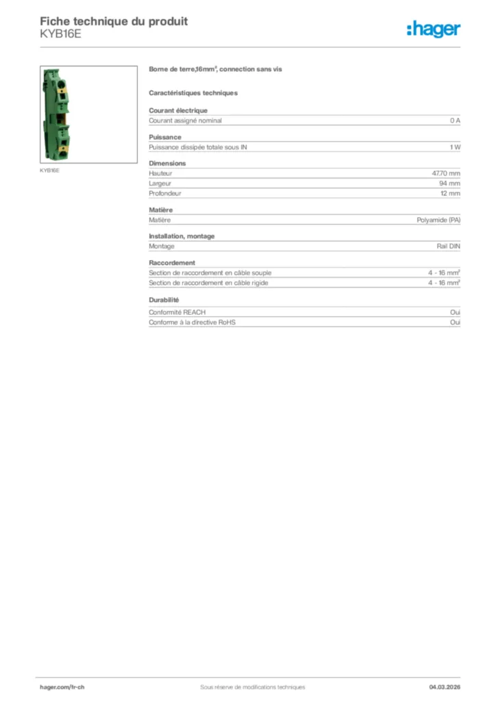 Image Hager Fiche technique du produit KYB16E | Hager Suisse