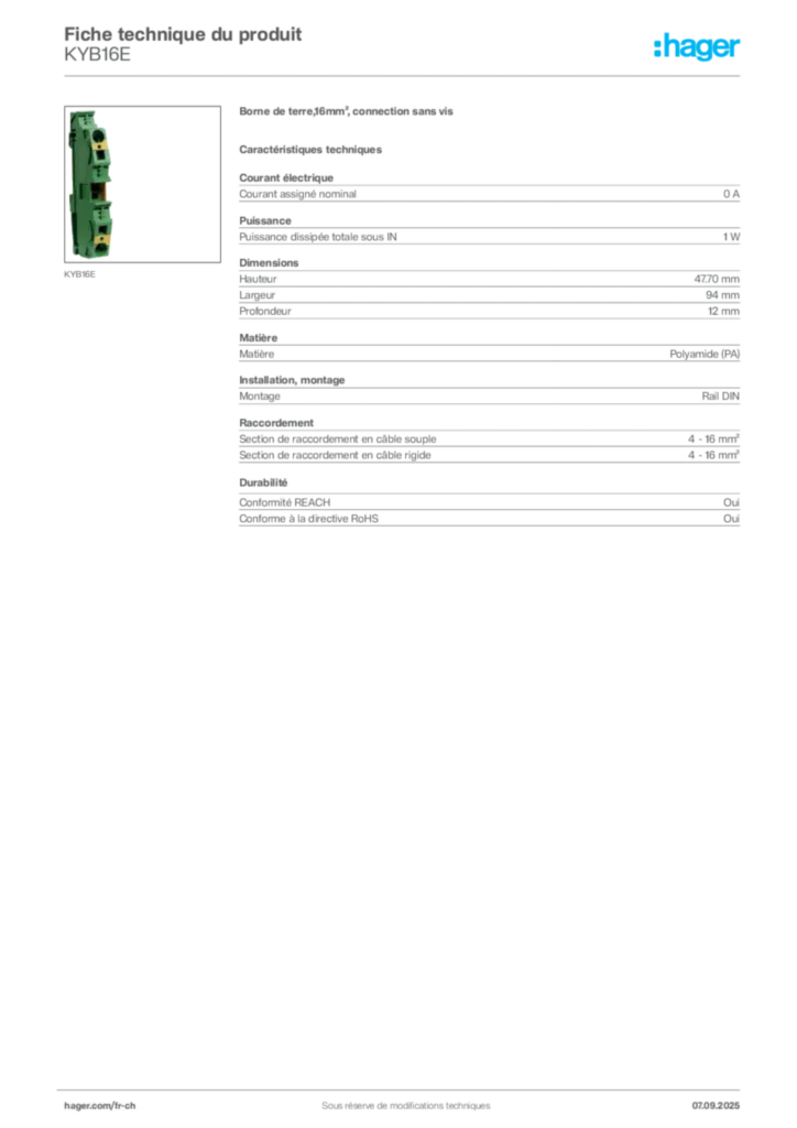Image Hager Fiche technique du produit KYB16E | Hager Suisse