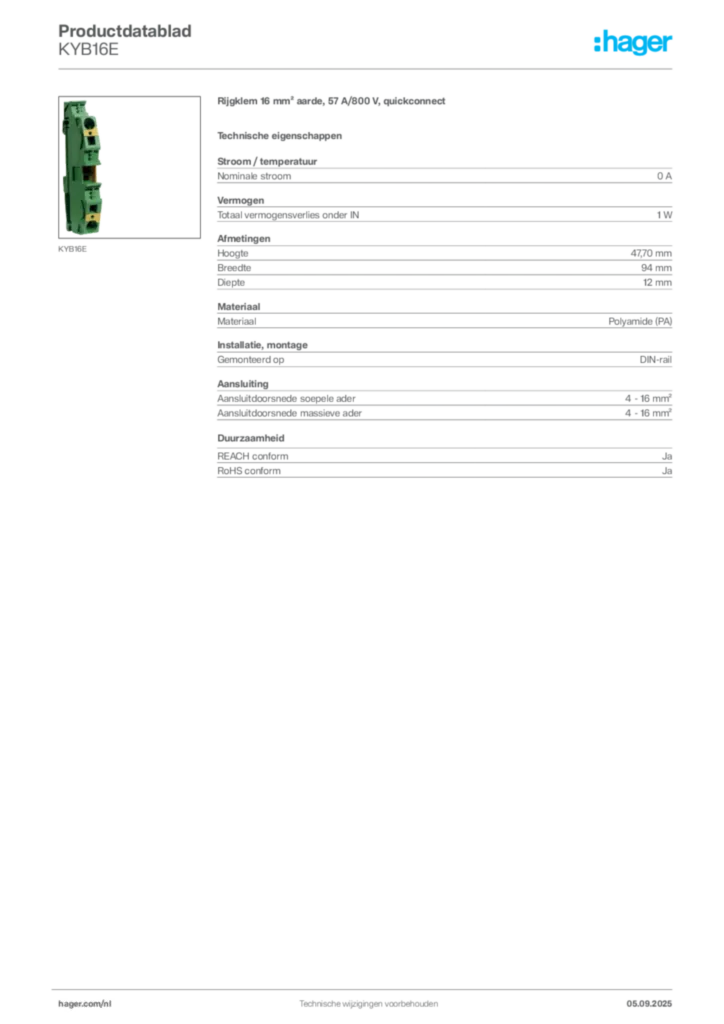 Afbeelding Hager Productdatablad KYB16E | Hager Nederland