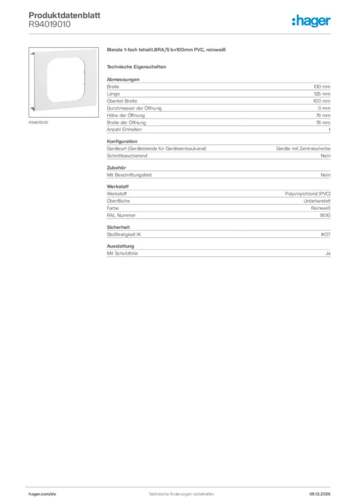 Bild Hager Produktdatenblatt R94019010 | Hager Deutschland