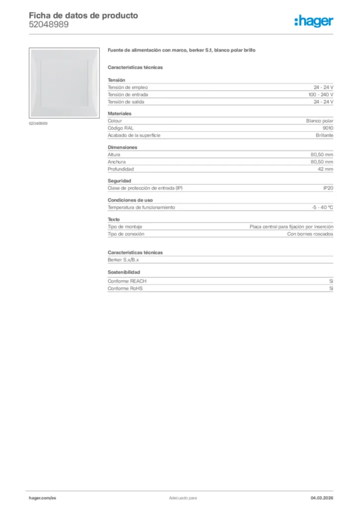 Imagen Hager Ficha de datos de producto 52048989 | Hager España