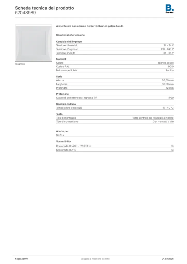 Immagine Berker Scheda tecnica del prodotto 52048989 | Hager Italia