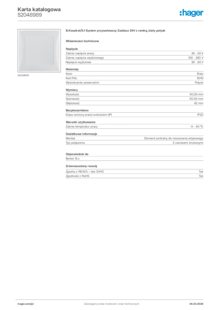 Zdjęcie Hager Karta katalogowa 52048989 | Hager Polska