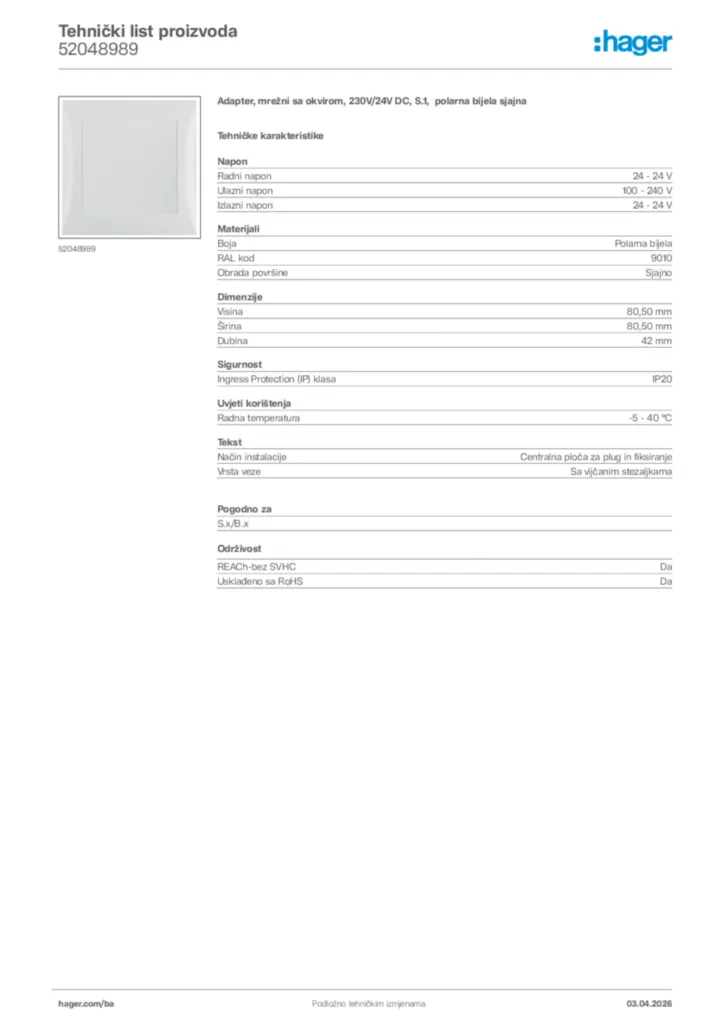 Slika Hager Tehnički list proizvoda 52048989  | Hager