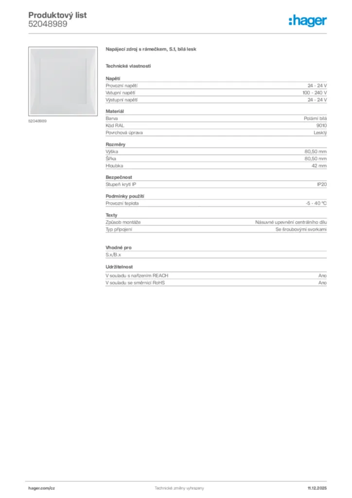 Obrázek Hager Produktový list 52048989 | Hager