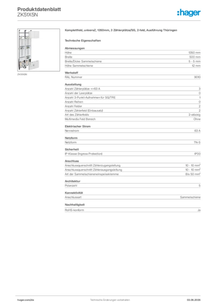 Bild Hager Produktdatenblatt ZK51X5N | Hager Deutschland