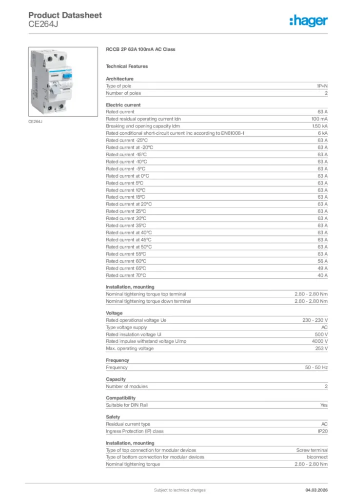 Image Hager Product data sheet CE264J  | Hager Africa