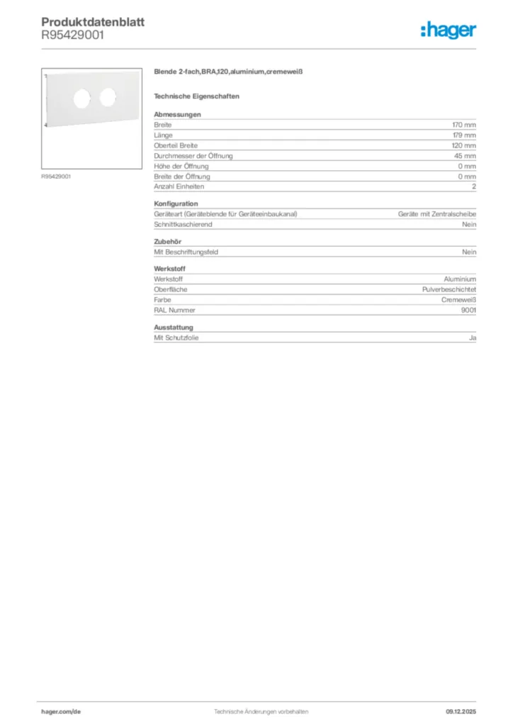 Bild Hager Produktdatenblatt R95429001 | Hager Deutschland