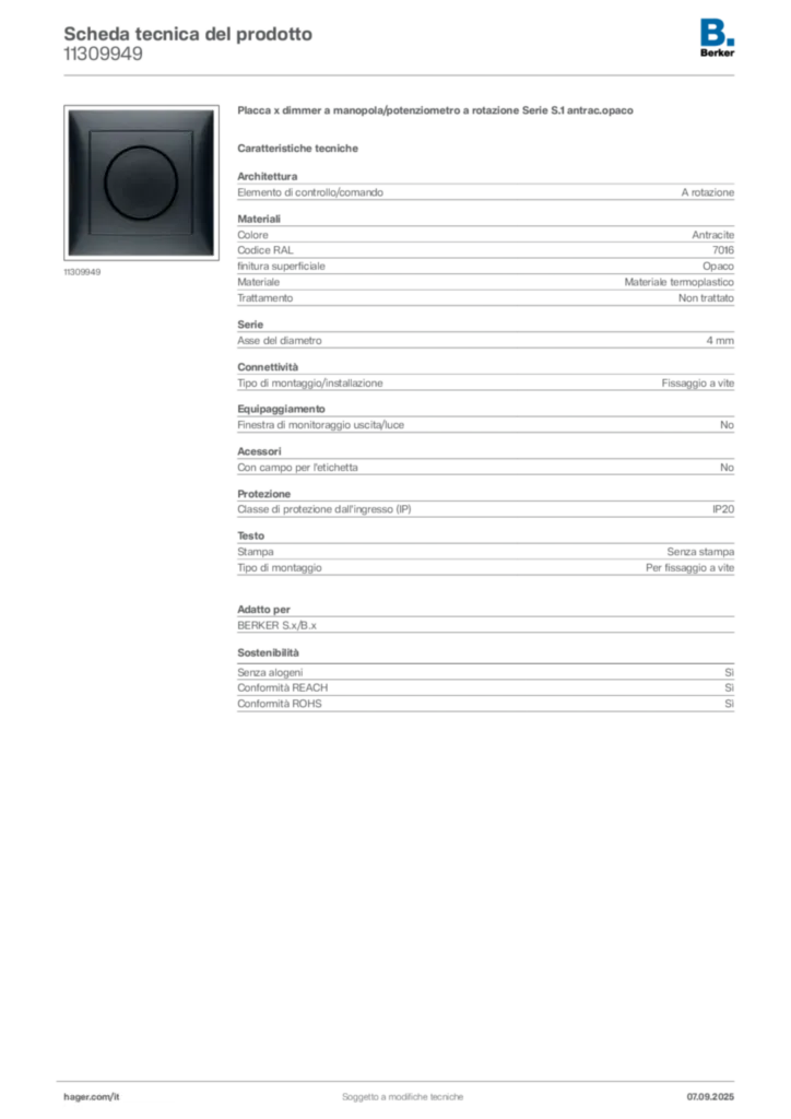 Immagine Berker Scheda tecnica del prodotto 11309949 | Hager Italia