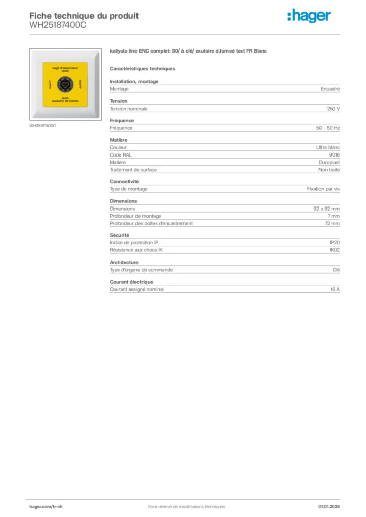 Image Hager Fiche technique du produit WH25187400C | Hager Suisse