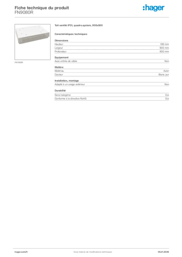 Image Hager Fiche technique du produit FN9080R | Hager France