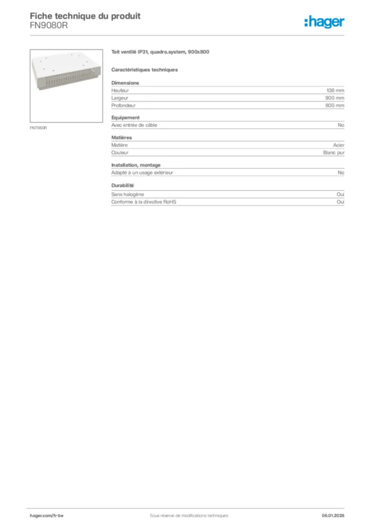 Image Hager Fiche technique du produit FN9080R | Hager Belgique