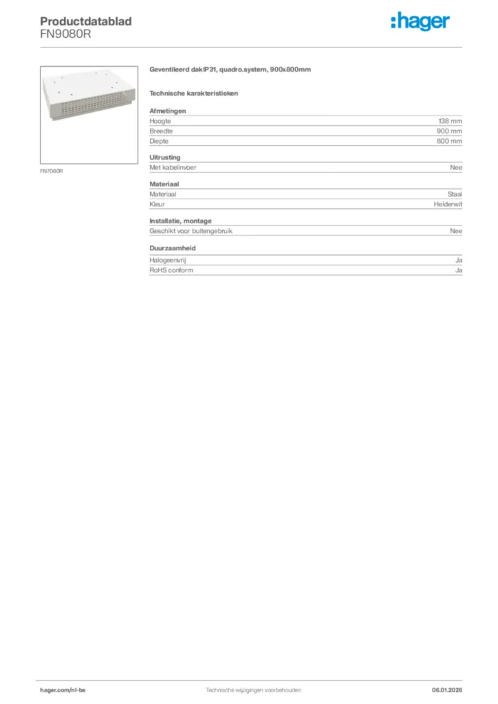 Afbeelding Hager Productdatablad FN9080R | Hager Belgium