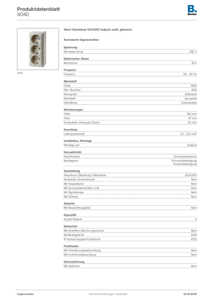 Bild Berker Produktdatenblatt 4040 | Hager Deutschland