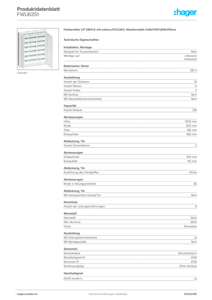 Bild Hager Produktdatenblatt FWU63S1 | Hager Schweiz