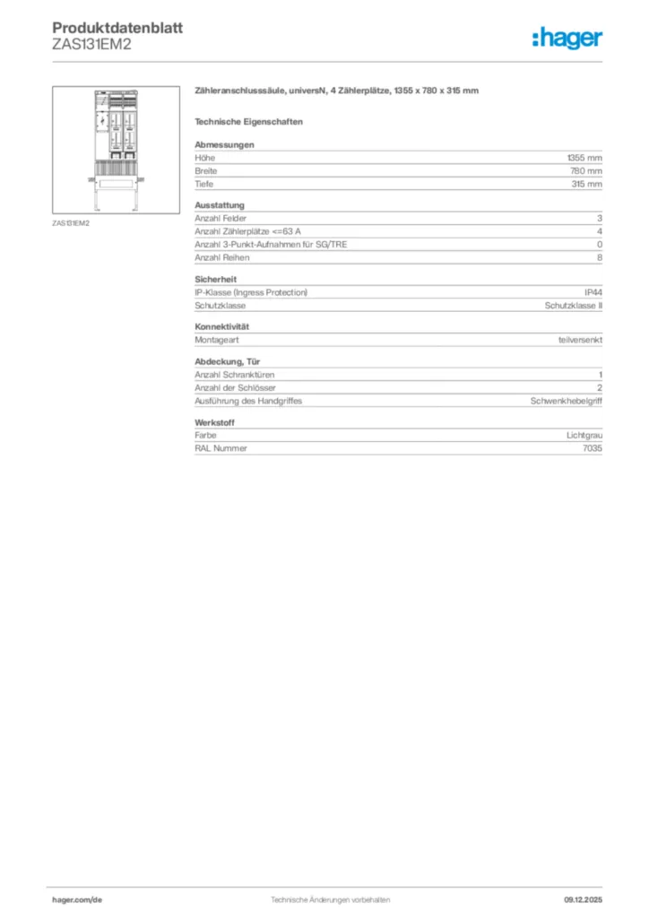 Bild Hager Produktdatenblatt ZAS131EM2 | Hager Deutschland