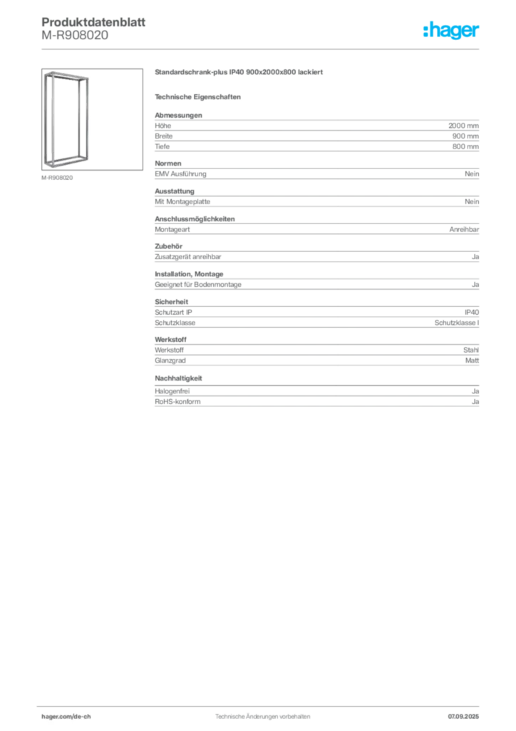Bild Hager Produktdatenblatt M-R908020 | Hager Schweiz