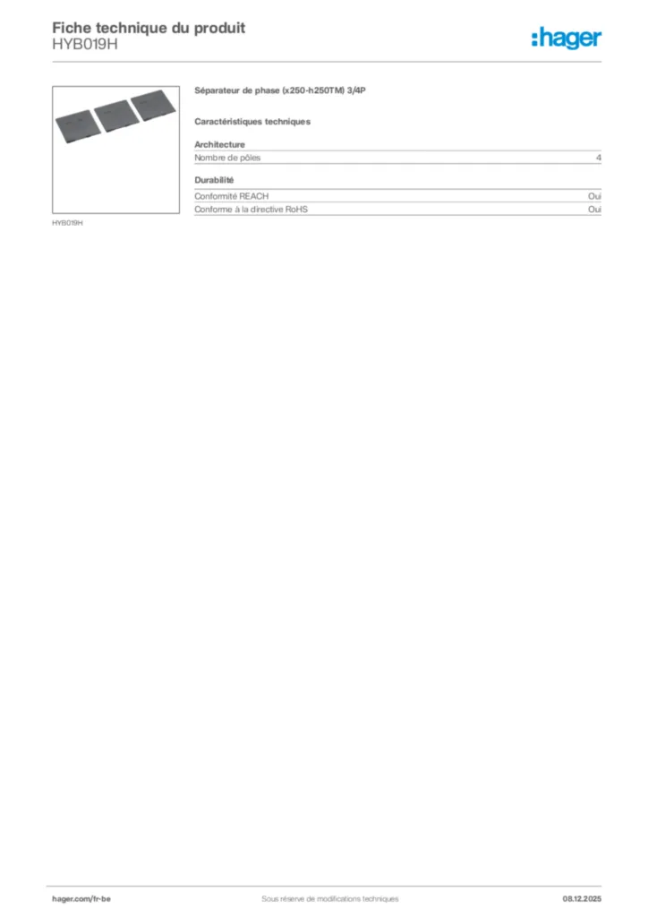Image Hager Fiche technique du produit HYB019H | Hager Belgique