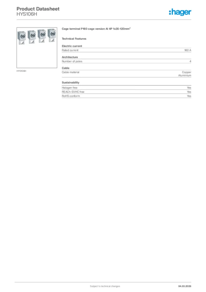 Image Hager Product data sheet HYS106H  | Hager Africa