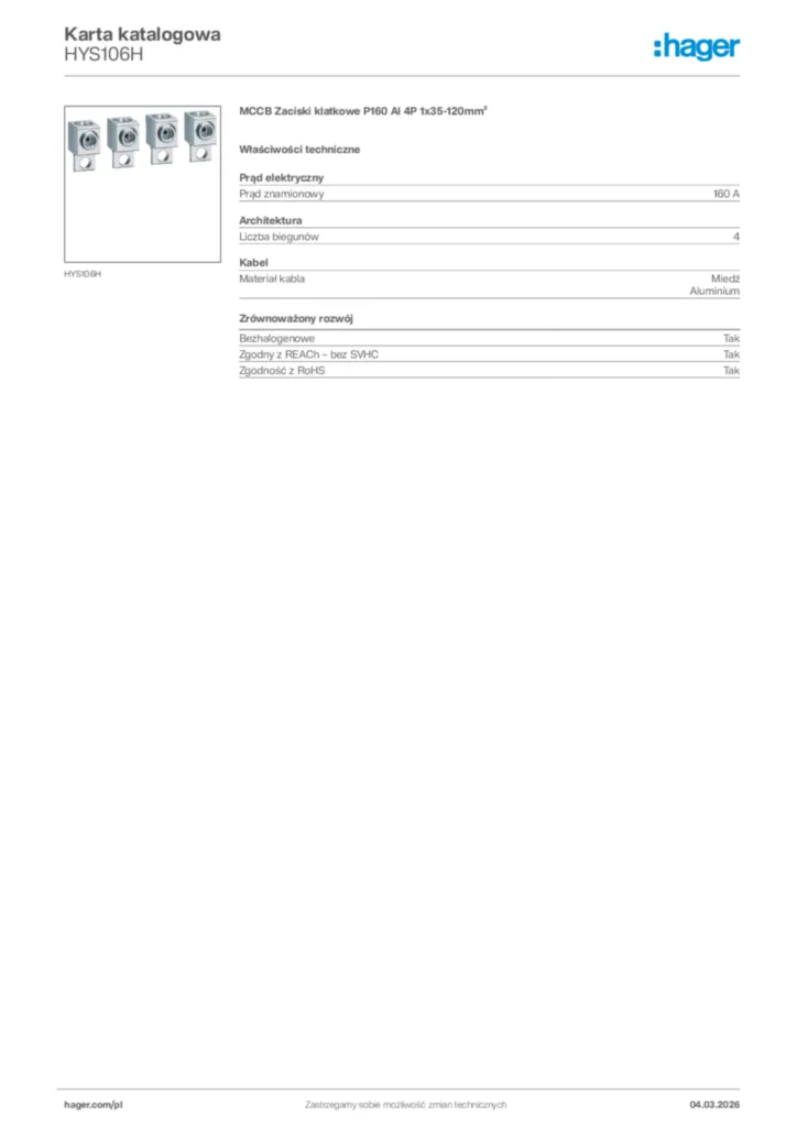Zdjęcie Hager Karta katalogowa HYS106H | Hager Polska