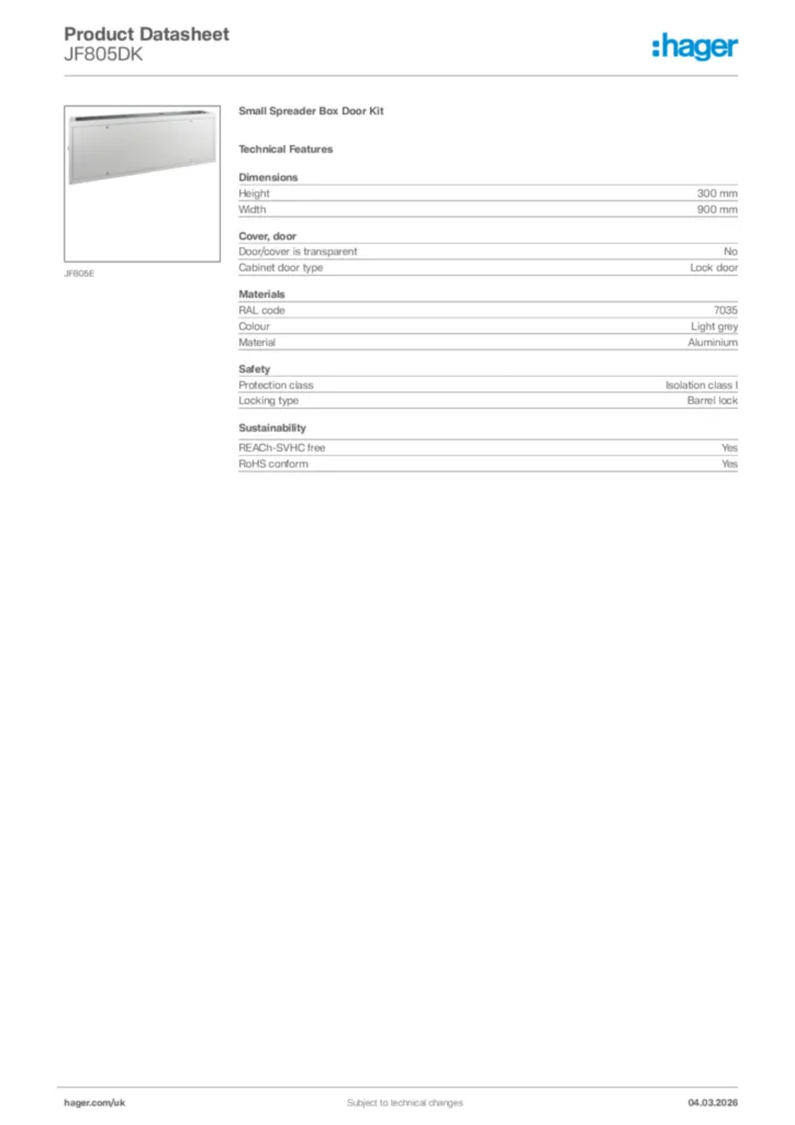 Image Hager Product data sheet JF805DK  | Hager