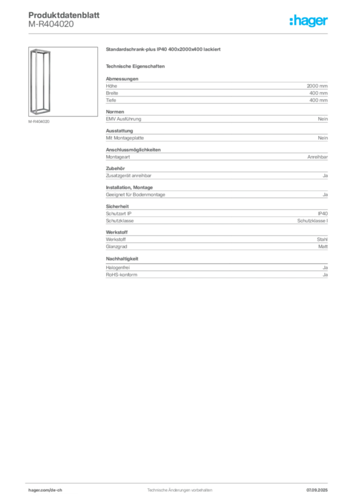 Bild Hager Produktdatenblatt M-R404020 | Hager Schweiz