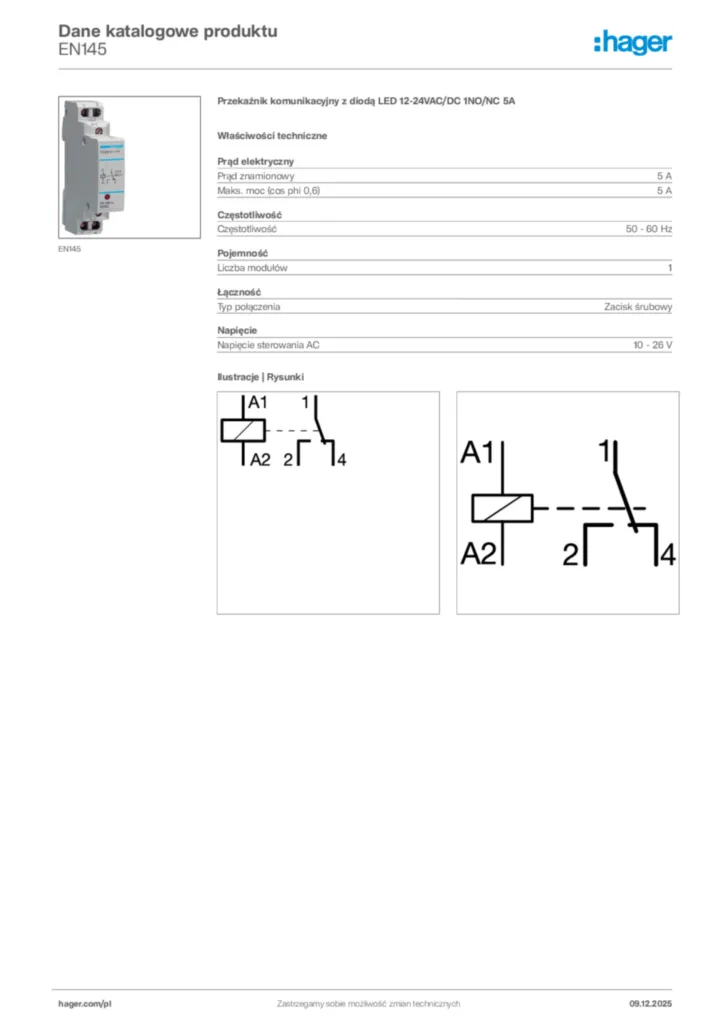 Zdjęcie Hager Dane katalogowe produktu EN145 | Hager Polska