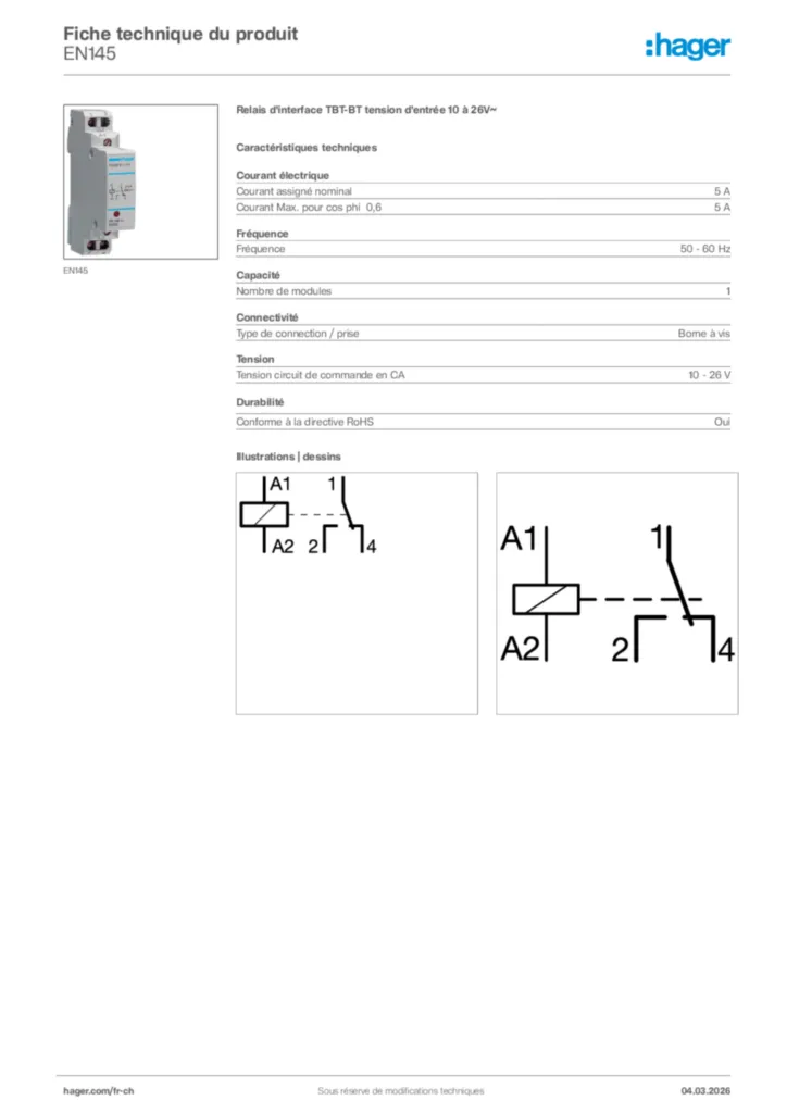 Image Hager Fiche technique du produit EN145 | Hager Suisse