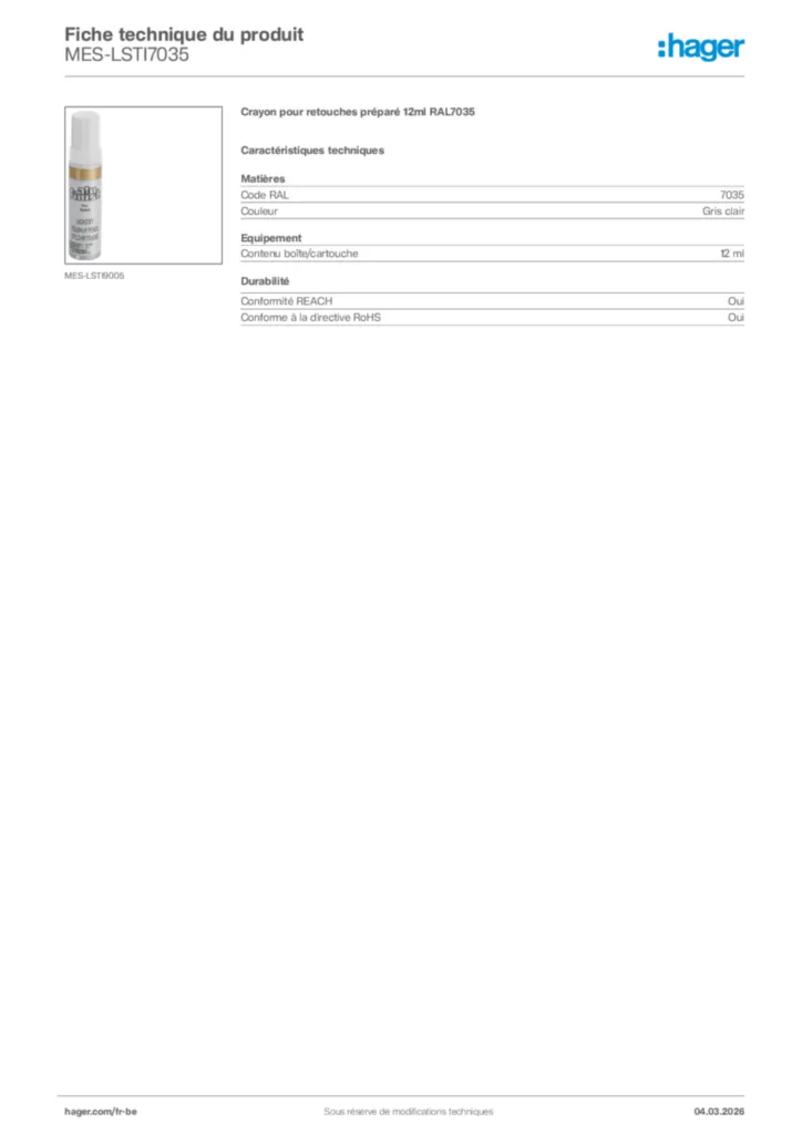 Image Hager Fiche technique du produit MES-LSTI7035 | Hager Belgique