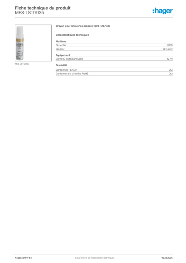 Image Hager Fiche technique du produit MES-LSTI7035 | Hager Belgique