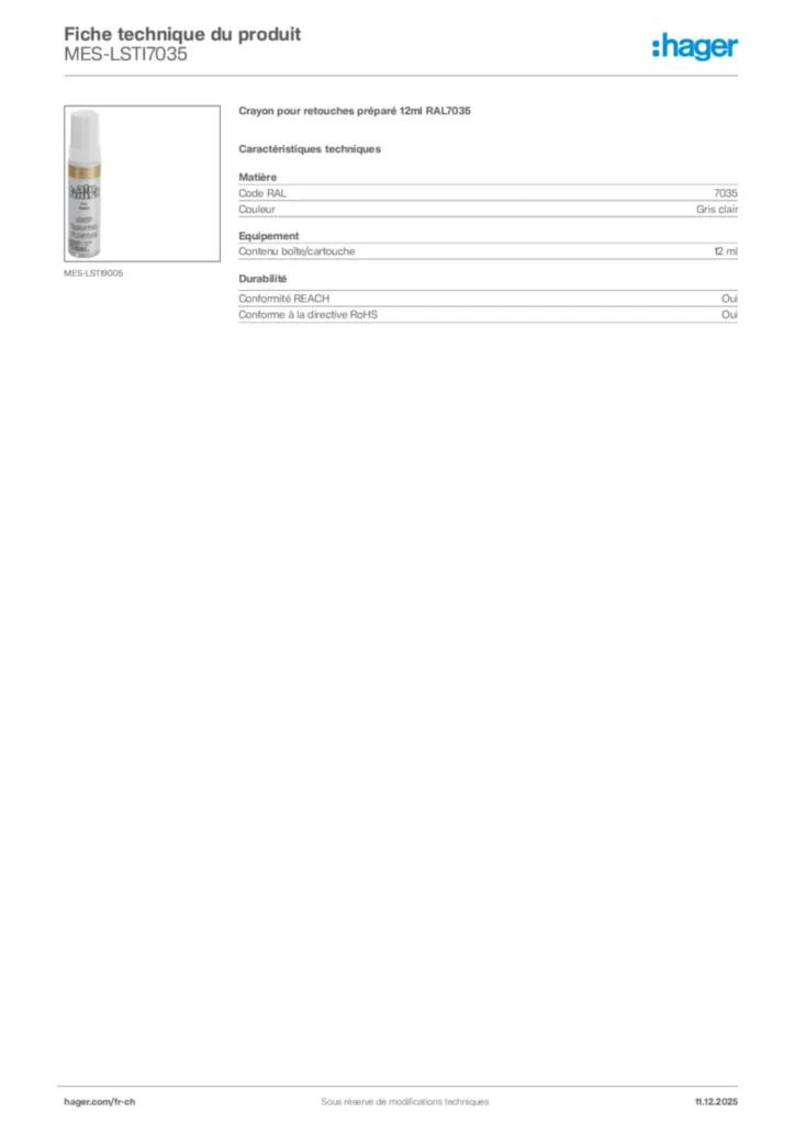 Image Hager Fiche technique du produit MES-LSTI7035 | Hager Suisse