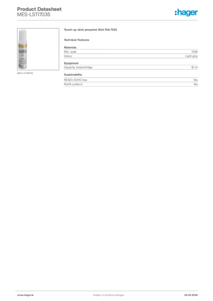 Image Hager Product data sheet MES-LSTI7035  | Hager