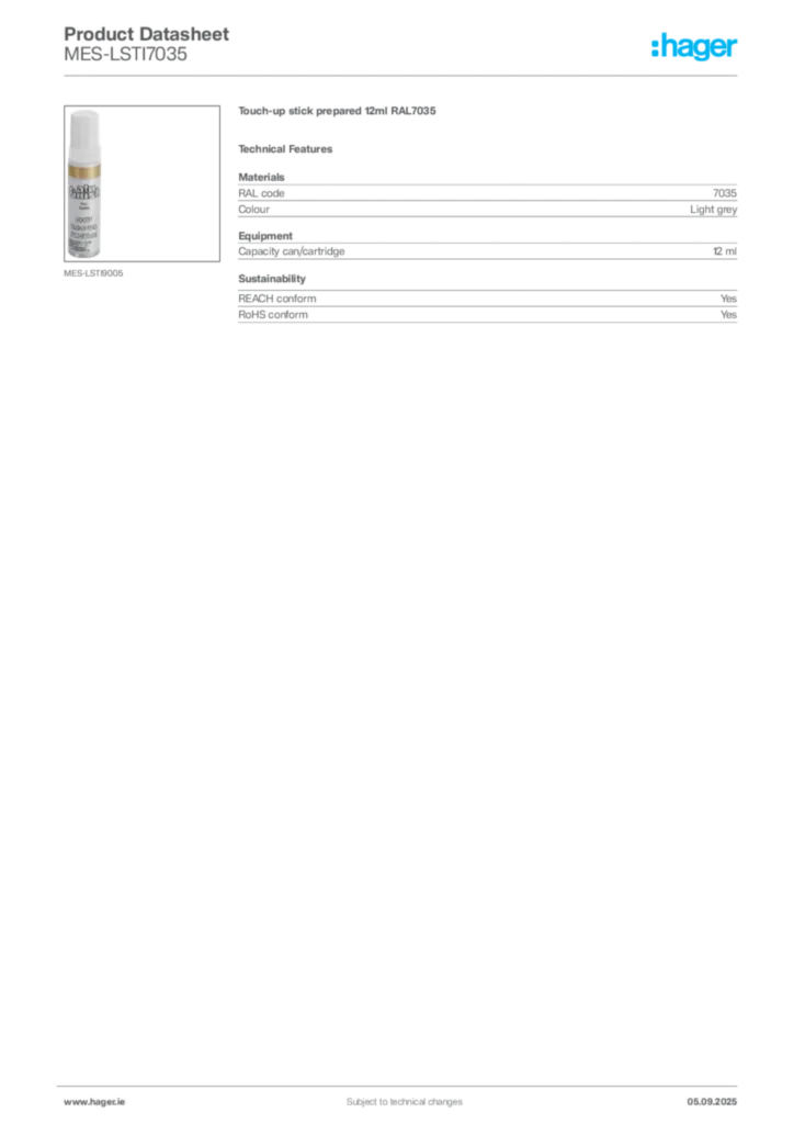 Image Hager Product data sheet MES-LSTI7035  | Hager