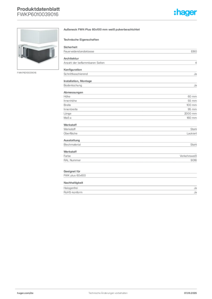 Bild Hager Produktdatenblatt FWKP6010039016 | Hager Deutschland