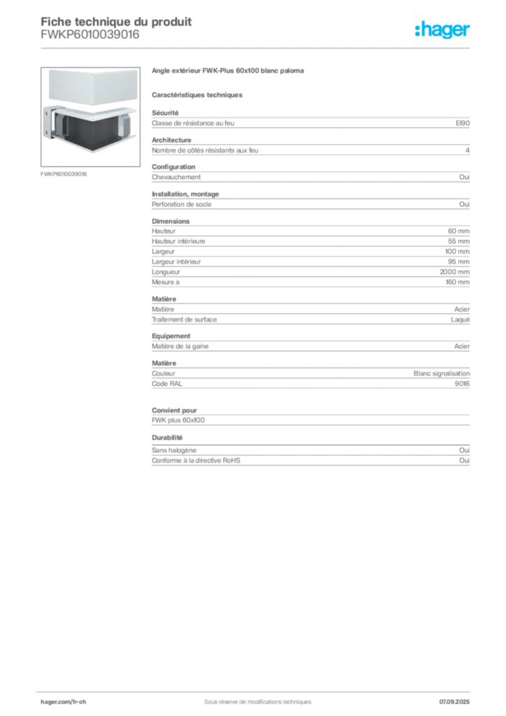 Image Hager Fiche technique du produit FWKP6010039016 | Hager Suisse